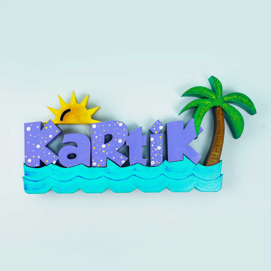 Handcrafted Personalized Beach Themed 3D Name Block For Kids - Front View on Neutral Background