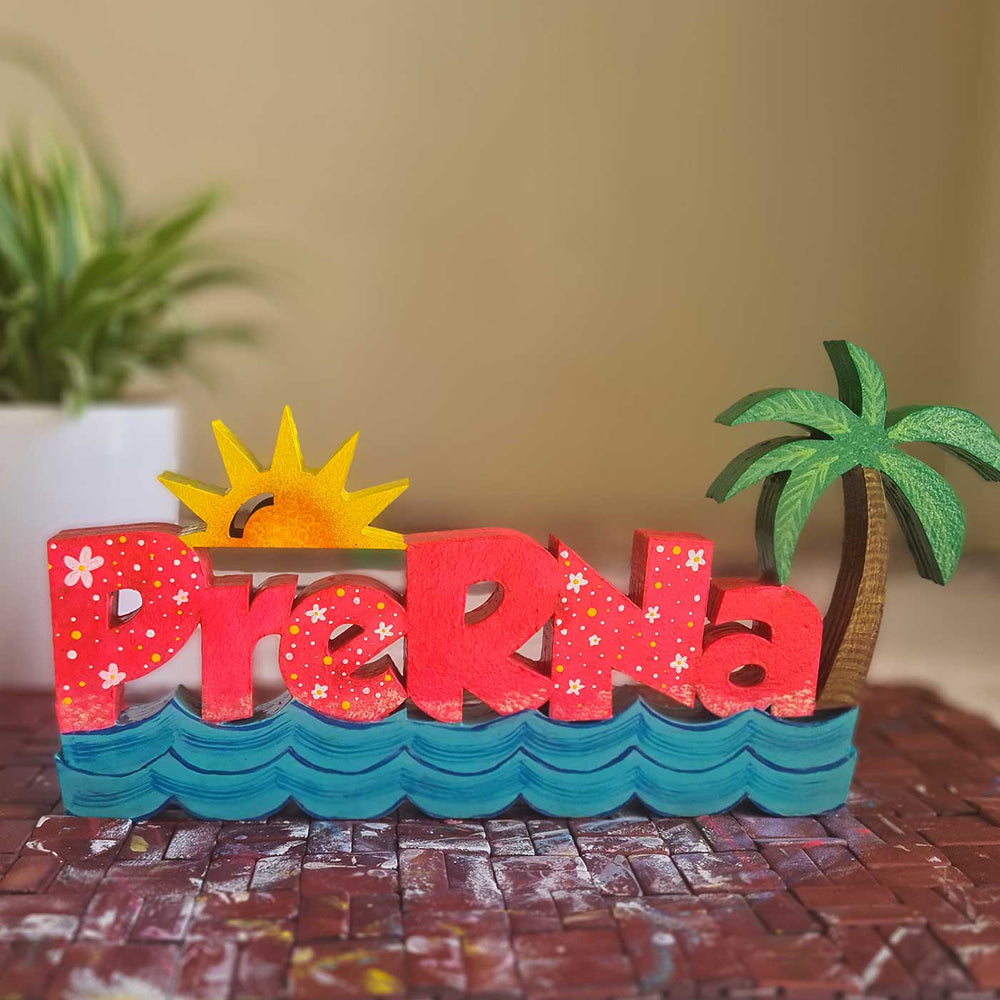 Handcrafted Personalized Beach Themed Name Block For Kids - Front View on Tabletop Background