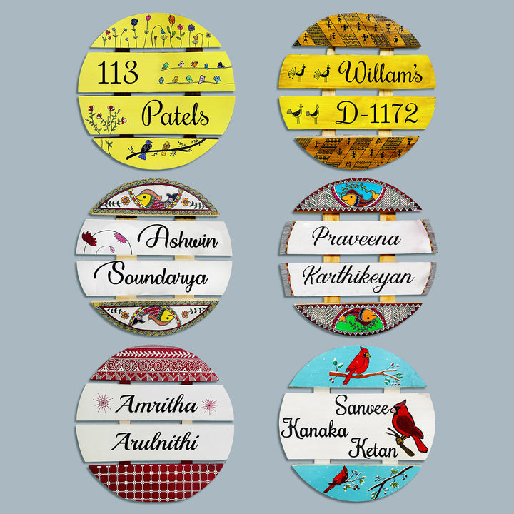 Handcrafted Personalized Madhubani Art Round Pinewood Name Plate 2 - Name Personalization Example Front View (5)