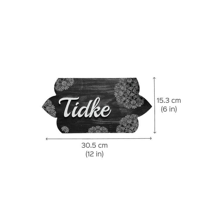 Handcrafted Personalized Curvy Pinewood Textured Name Plate - Dimension Chart with Text Example