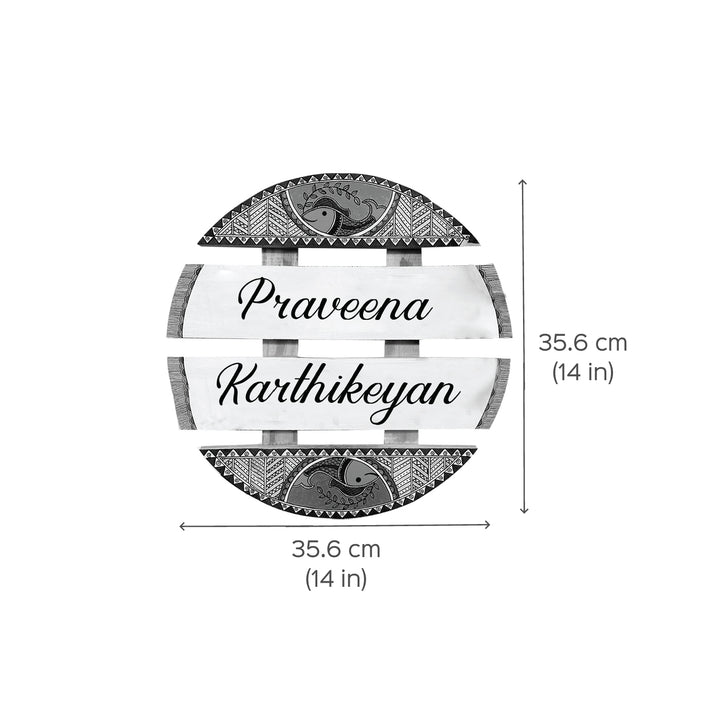 Handcrafted Personalized Madhubani Art Round Pinewood Name Plate 2 - Dimension Chart with Name Personalization
