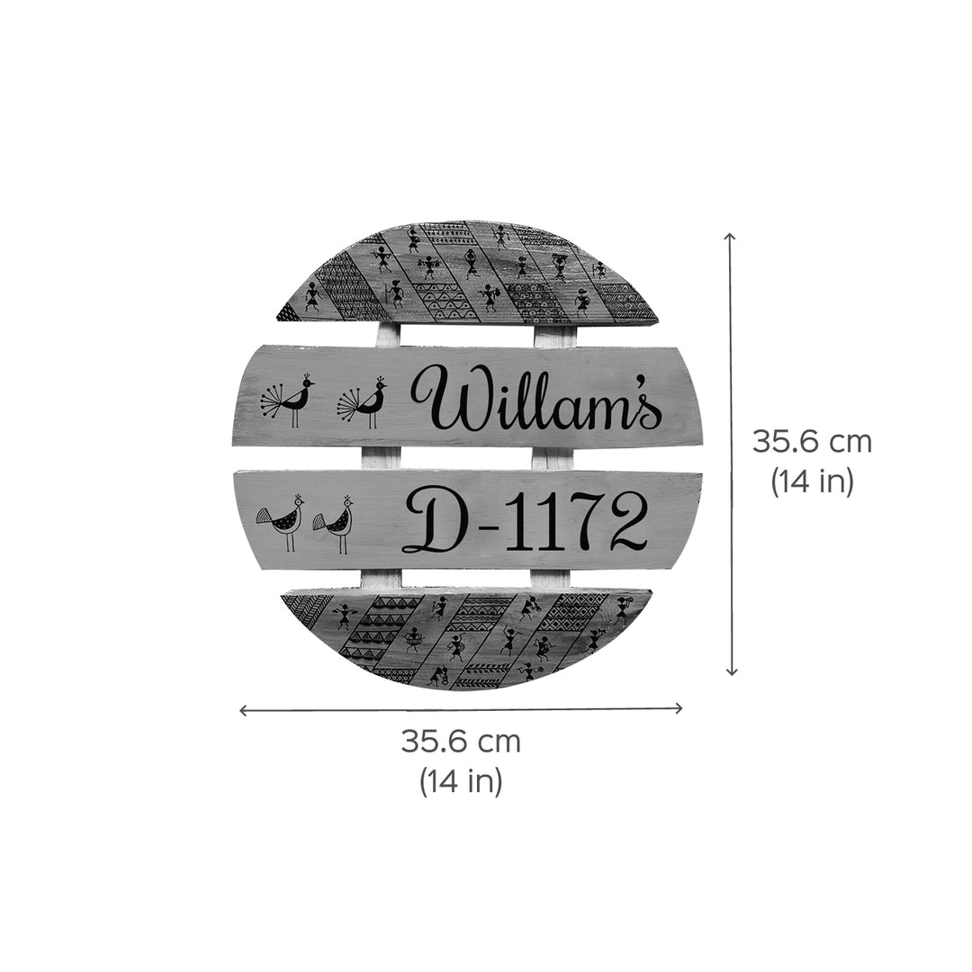 Handcrafted Personalized Warli Art Round Pinewood Name Plate - Dimension Chart with Front View