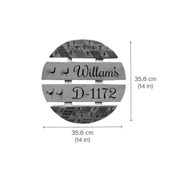 Handcrafted Personalized Warli Art Round Pinewood Name Plate - Dimension Chart with Front View