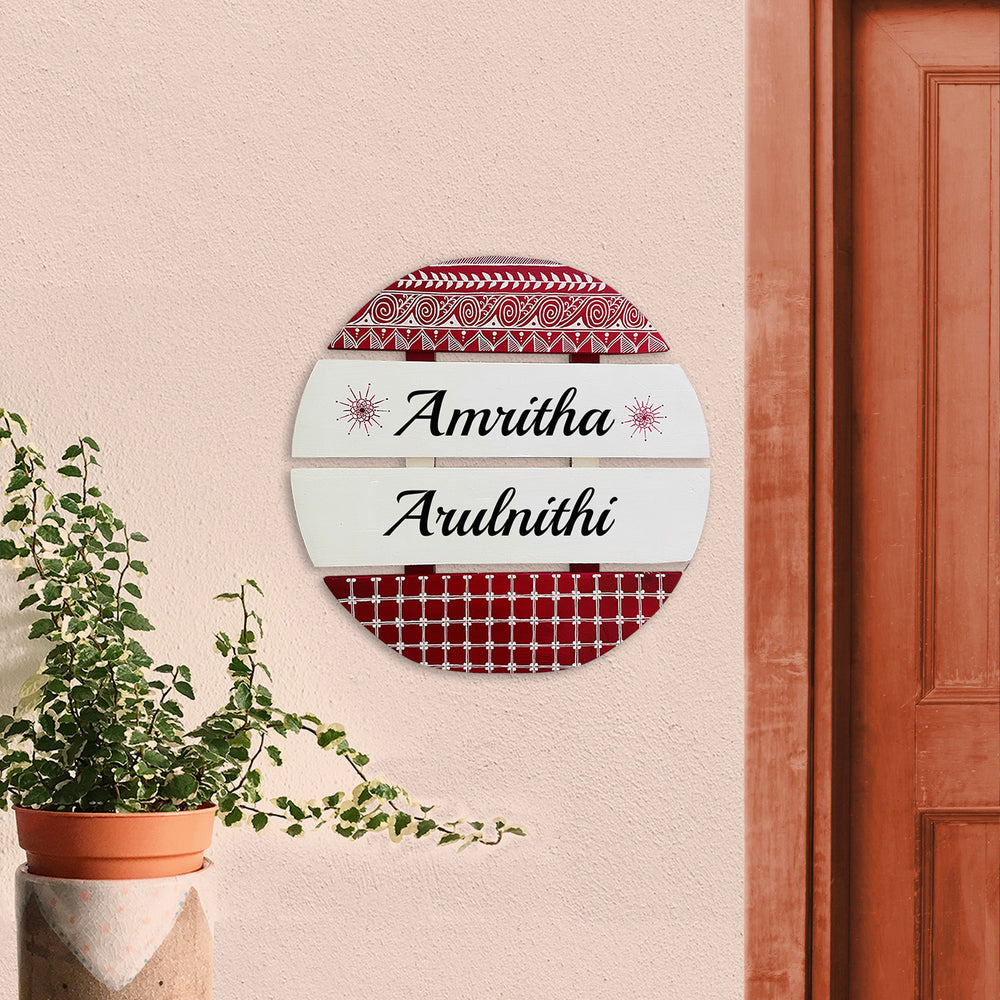 Handcrafted Personalized Aipan Art Round Pinewood Name Plate - Mounted on Entryway Wall