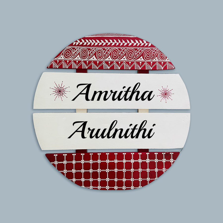 Handcrafted Personalized Aipan Art Round Pinewood Name Plate - Name Personalization Example Front View