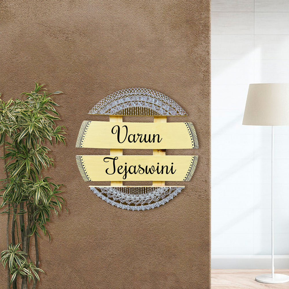 Handcrafted Personalized Mandala Round Pinewood Name Plate 2 - Mounted on Wall with Name Personalization