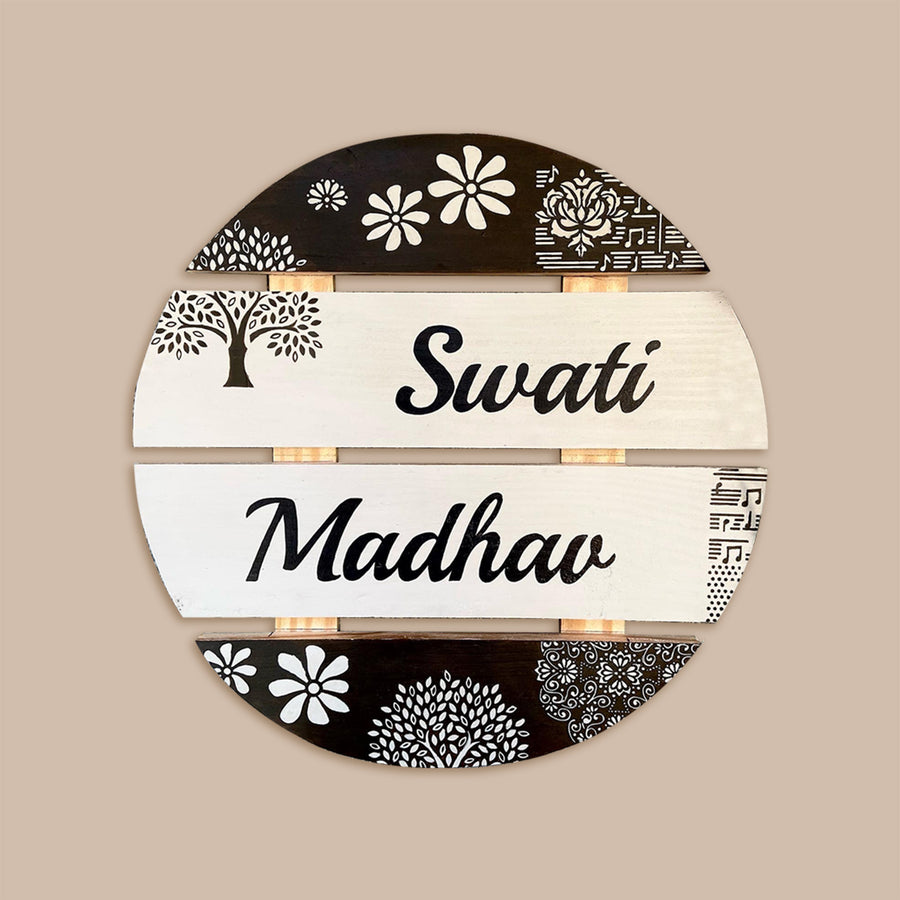 Handcrafted Personalized Circular Pinewood Textured Name Plate 2 - Name Personalization Example Front View