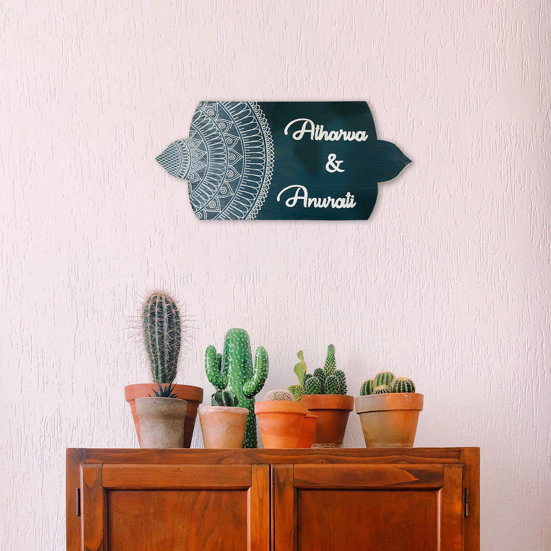 Handcrafted Personalized Mandala Round Pinewood Name Plate 1 - Mounted on Wall Above Furniture