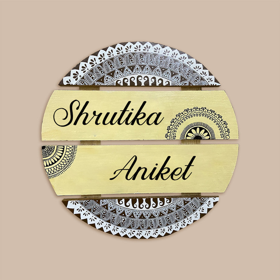 Handcrafted Personalized Mandala Round Pinewood Name Plate 4 - Name Personalization Example Front View