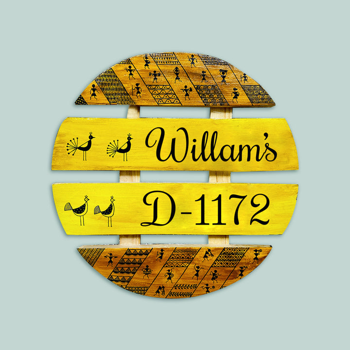 Handcrafted Personalized Warli Art Round Pinewood Name Plate - Front View with Personalization
