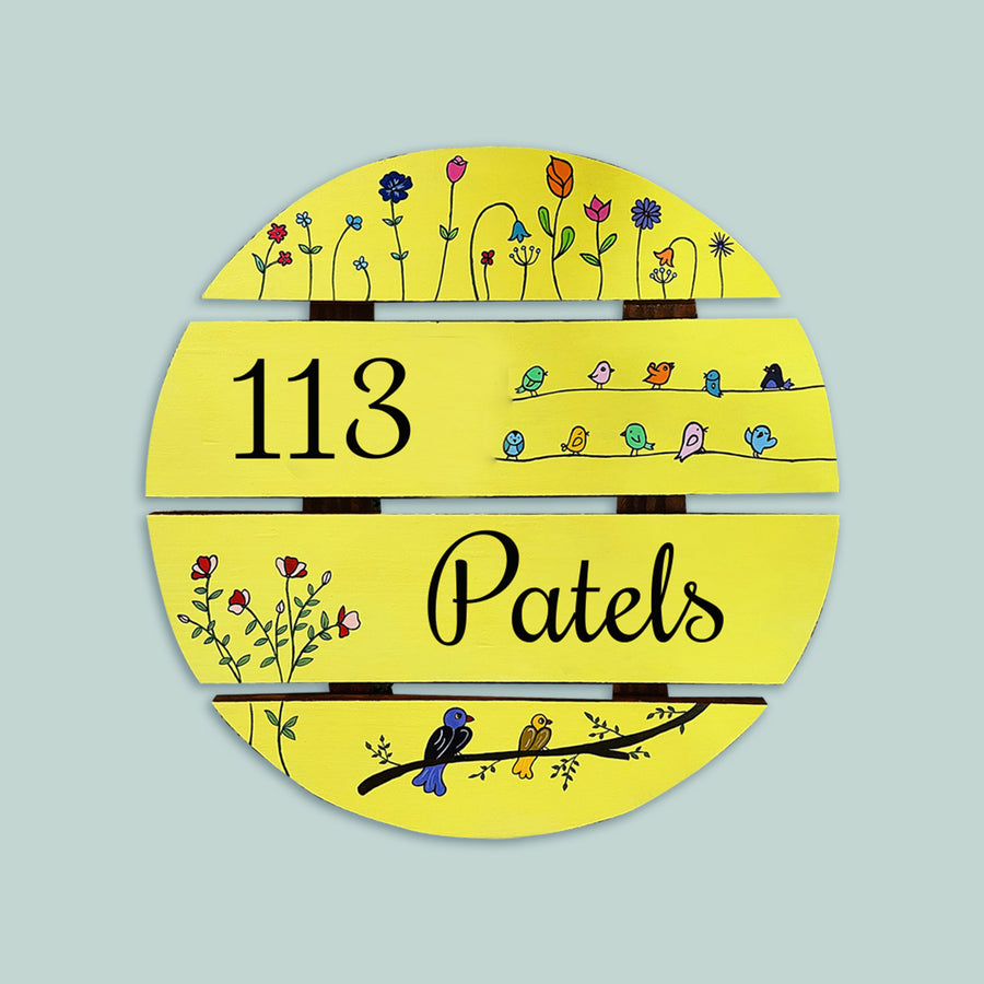 Handcrafted Personalized Floral Round Pinewood Name Plate - Front View with Personalization Example