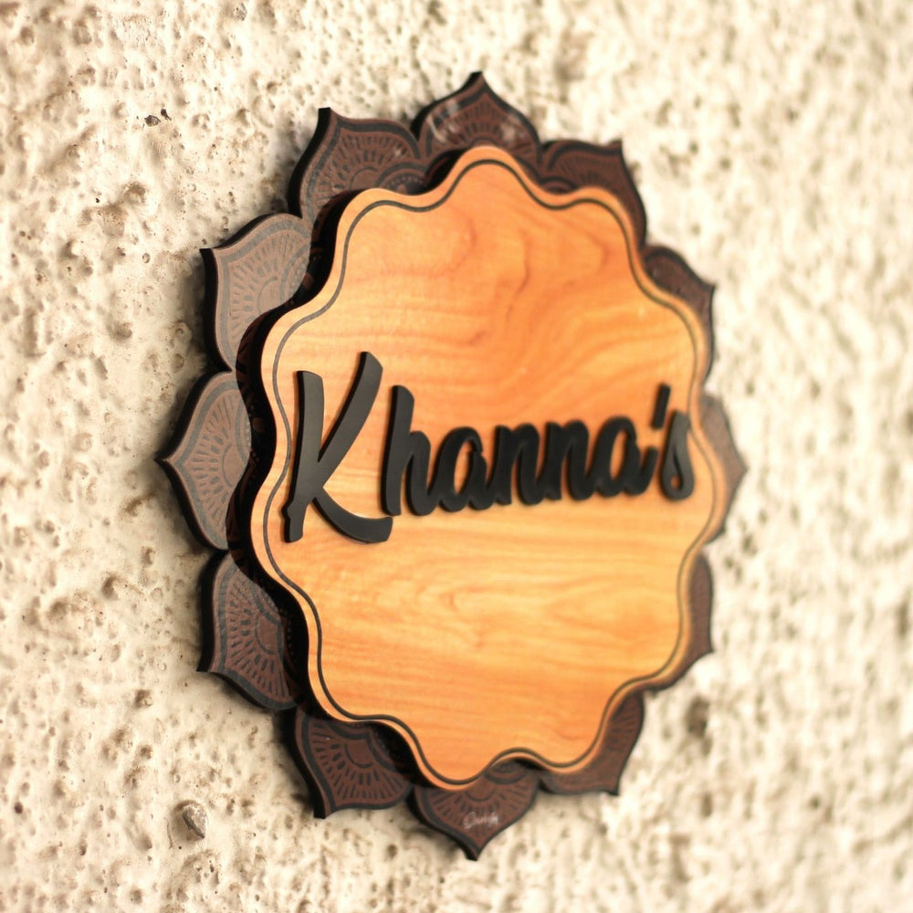 Personalized Printed Mandala Flower Mdf Wood Name Plate With 3D Letters - Side View Mounted on Wall