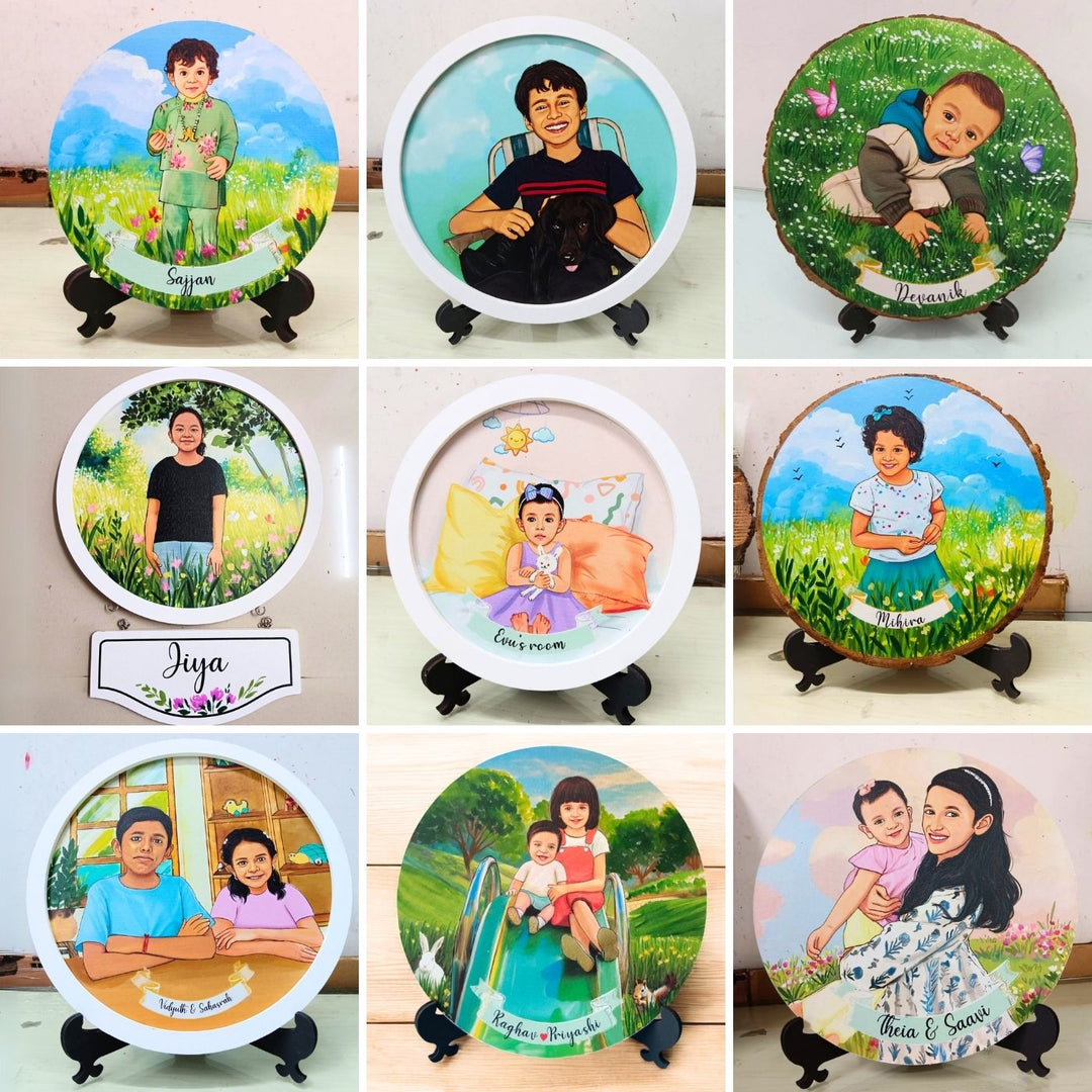 Photo Caricature Hanging Nameplate For Kids 20 - Front View on Display Stand