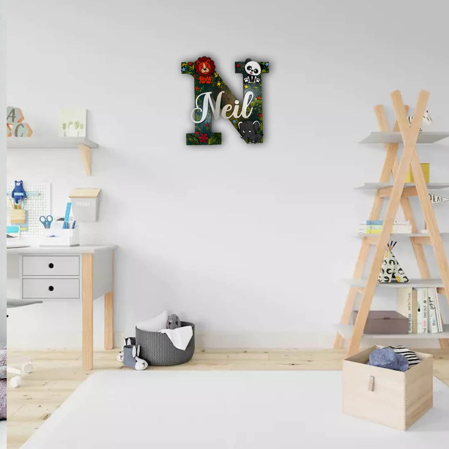 Handcrafted Personalized Kids Jungle Themed Monogram Mdf Nameplate - Mounted on Wall with Name Personalization