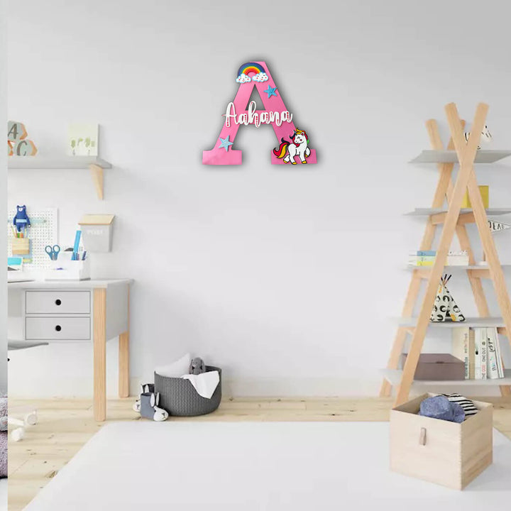 Handcrafted Personalized Kids Unicorn Themed Monogram Mdf Nameplate - Mounted on Wall in Room Setting