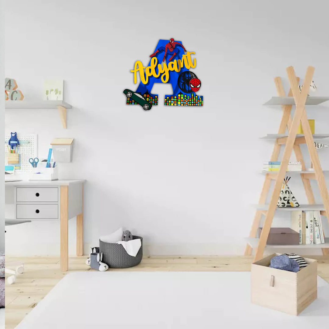 Hand Painted Personalised Kids Spiderman Themed Monogram Name Plate 1 - Mounted on Wall in Room Setting