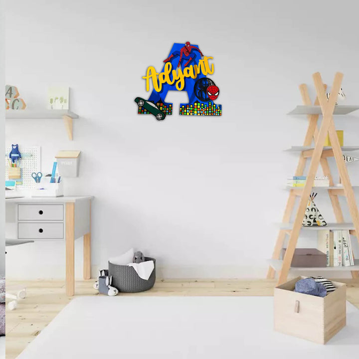 Hand Painted Personalised Kids Spiderman Themed Monogram Name Plate 1 - Mounted on Wall in Room Setting
