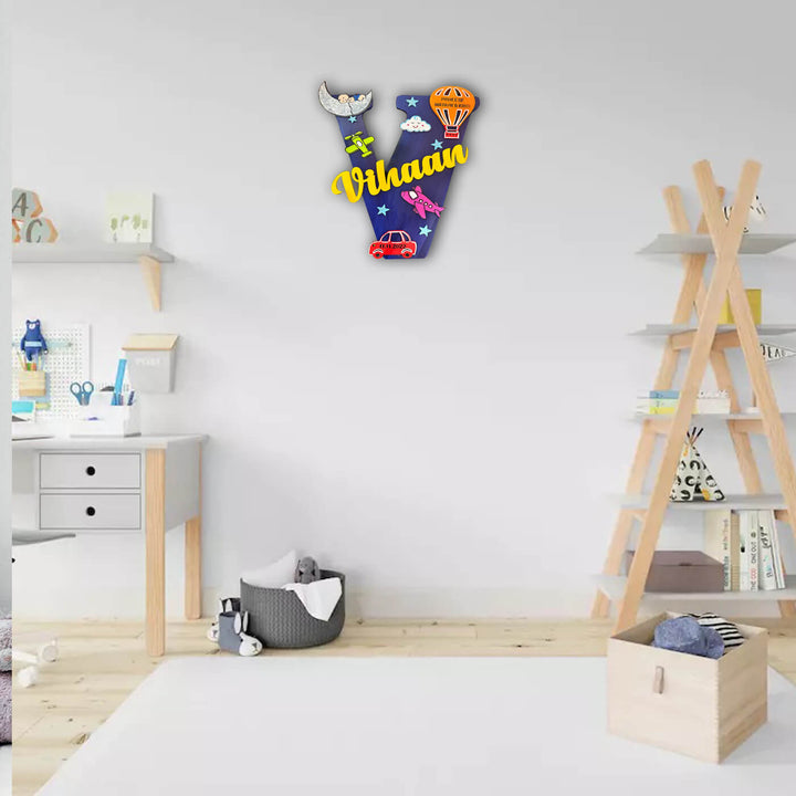 Hand Painted Personalised Kids Baby Boy Themed Monogram Mdf Name Plate - Mounted on Wall in Room Setting