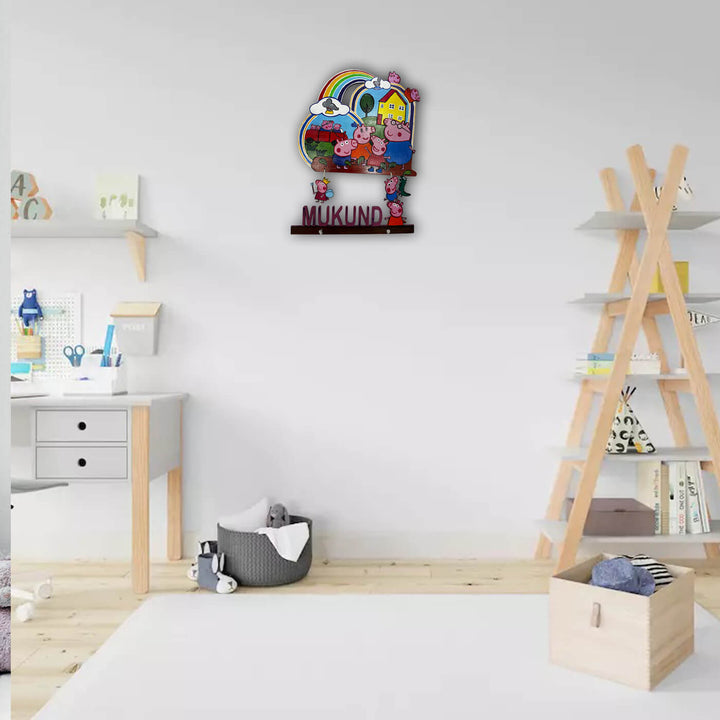 Hand Painted Peppa Pig Theme Personalised Kids Name Plate - Mounted on Wall Above Floor
