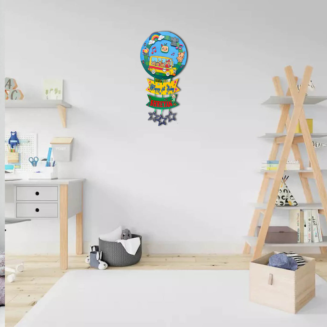 Hand Painted Personalized First Birthday Theme Kids Name Plate - Mounted on Wall in Room Scene