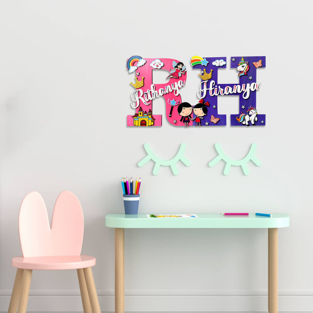 Hand Painted Sibling Special Monogram Personalised Kids Name Plate 2 - Mounted on Wall Above Desk