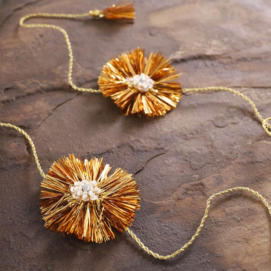 Handmade Beaded Kiran Zari Rakhi With Roli Chawal Set Of 2 - Close-up Showing Details