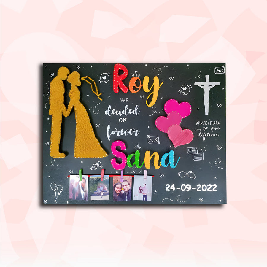 Personalized String Art Pink Hearts Mdf Wood Name Plate For Couples - Front View with Photos and Text