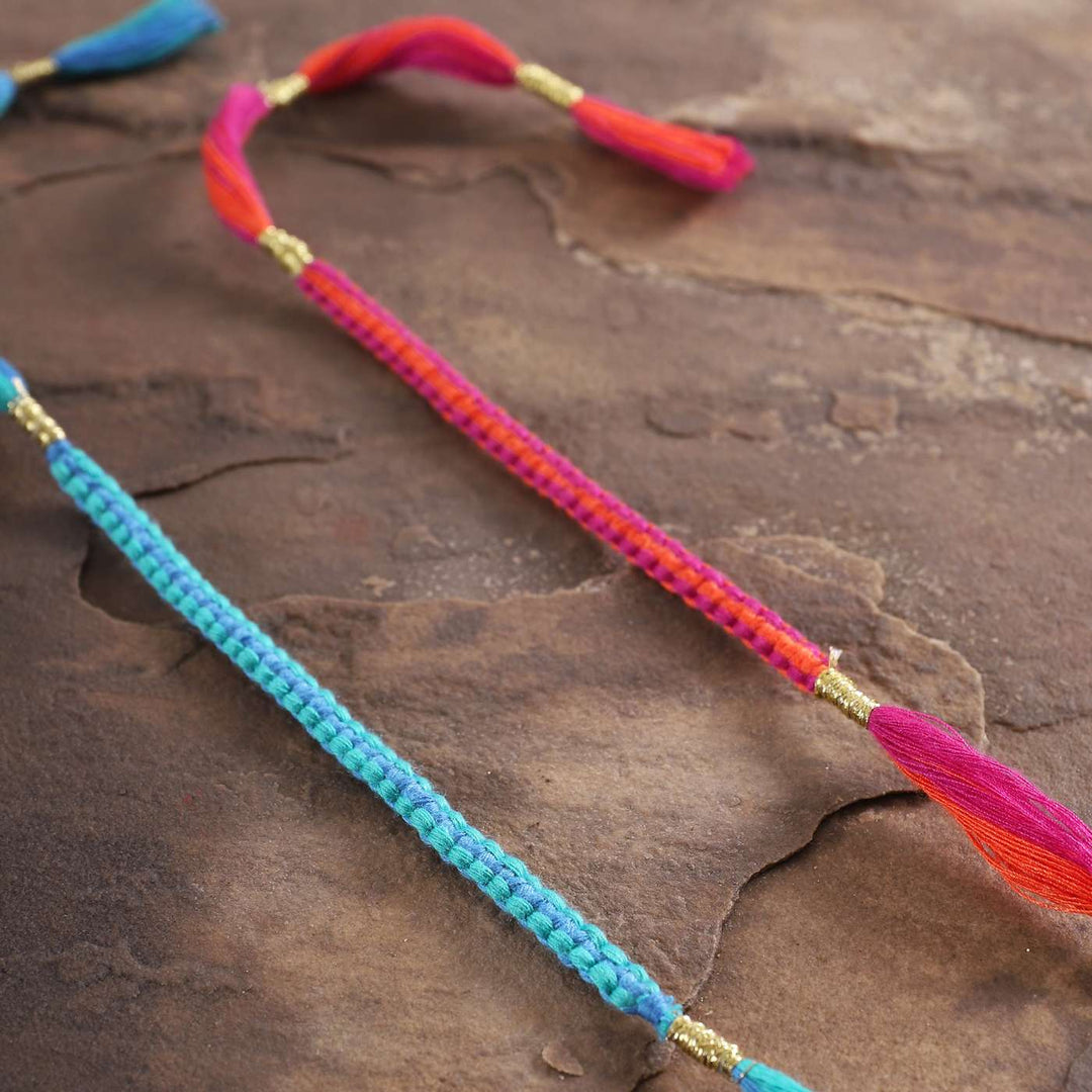 Handmade Beaded Knots Rakhi With Roli Chawal Set Of 2 - Close-up of woven threads