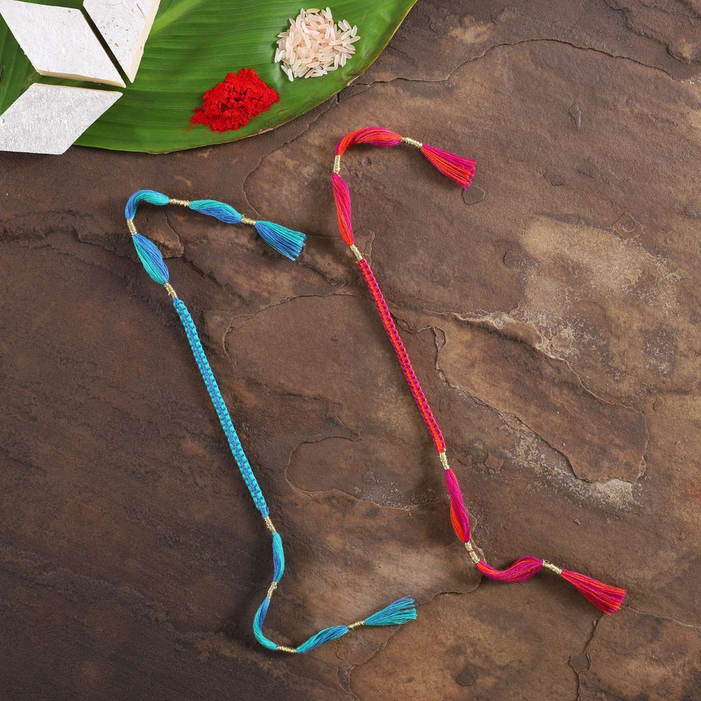 Handmade Beaded Knots Rakhi With Roli Chawal Set Of 2 - Styled with ceremonial items