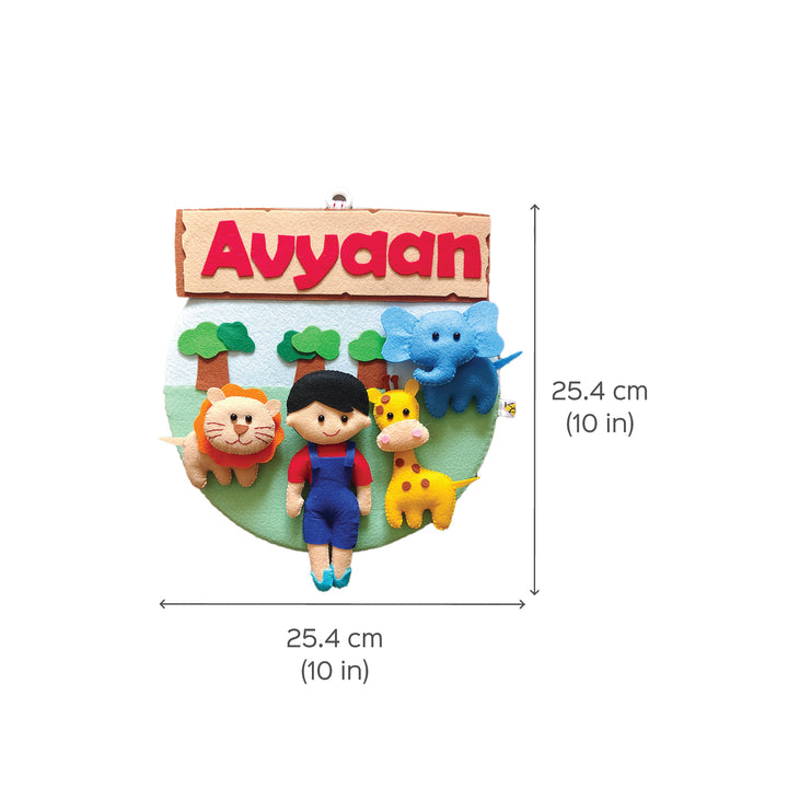 Hand Stitched Animal Themed Felt Kids Name Hanging - Dimension Chart with Front View