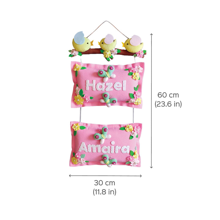 Hand Stitched Bird Themed Felt Kids Name Hanging - Front View with Dimensions (5)