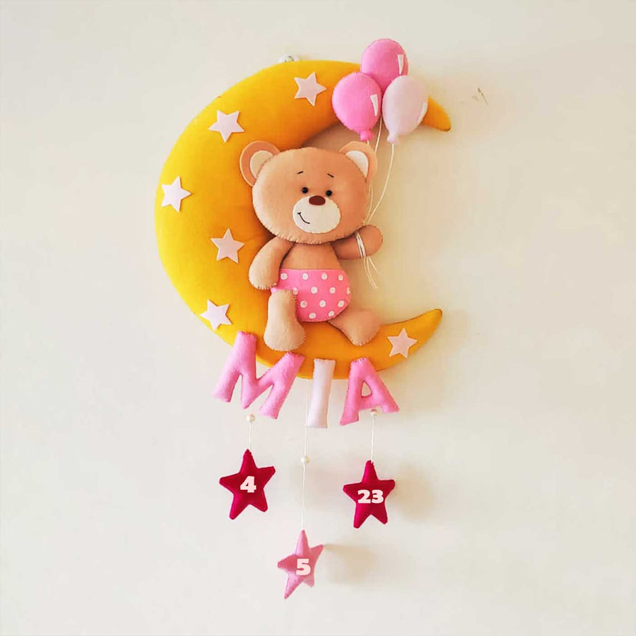Hand Stitched Teddy Themed Felt Moon Nameplate With Birthdate For Kids 1 - Hanging with Name Personalization Example