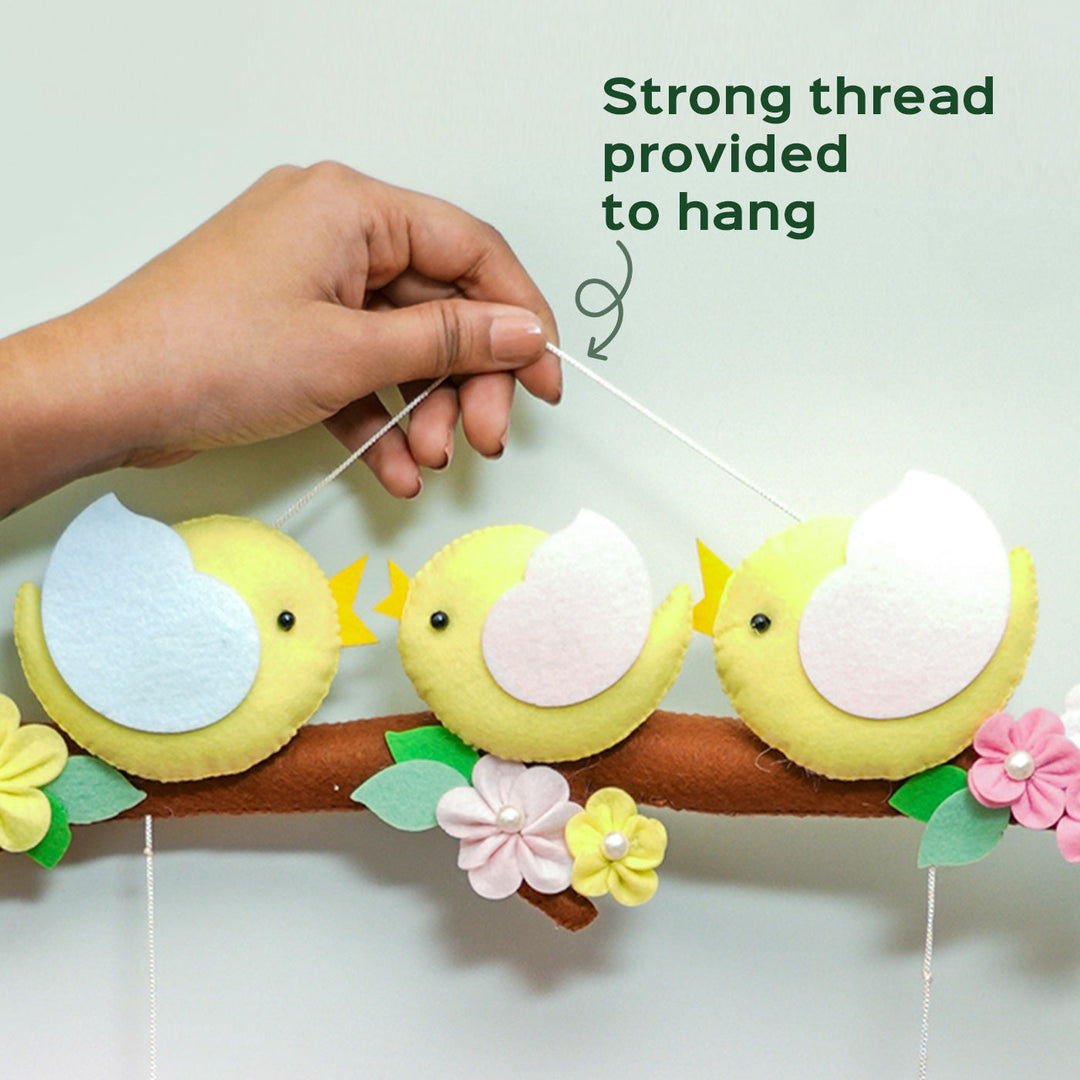 Hand Stitched Bird Themed Felt Kids Name Plate 1 - Hanging with Hanging Thread Demonstration