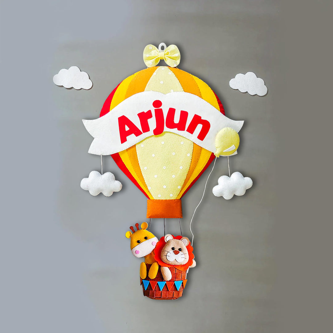 Hand Stitched Hot Air Balloon Shaped Hanging - Name Personalization Example Front View