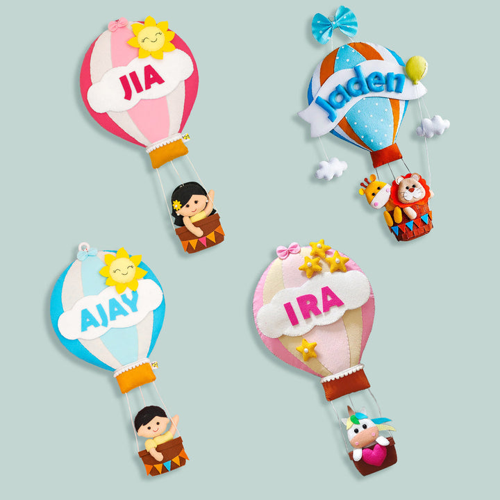 Hand Stitched Hot Air Balloon Felt Name Plate 1 - Top View Showing Multiple Personalizations