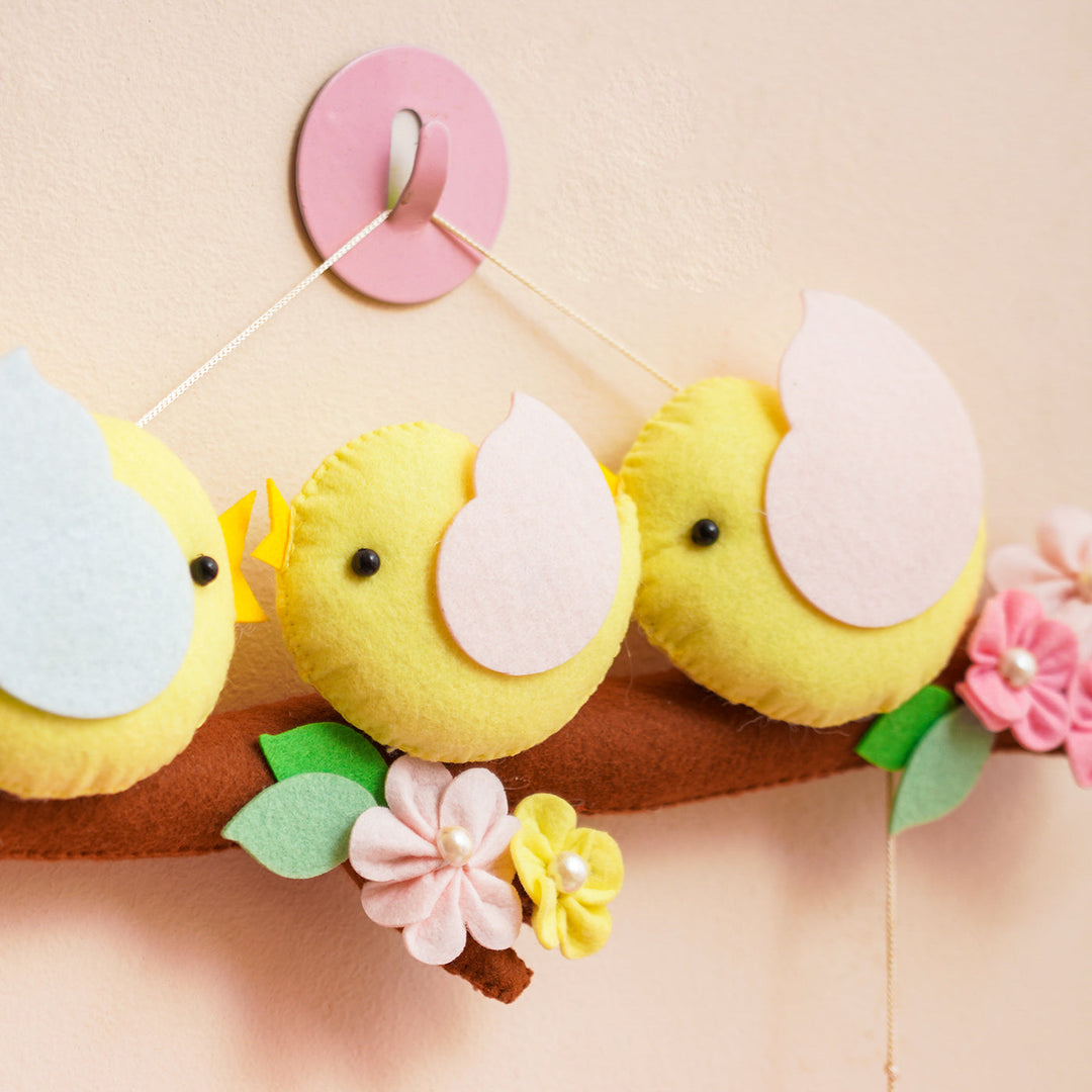 Hand Stitched Bird Themed Felt Kids Name Plate 1 - Close-up Hanging on Wall Hook