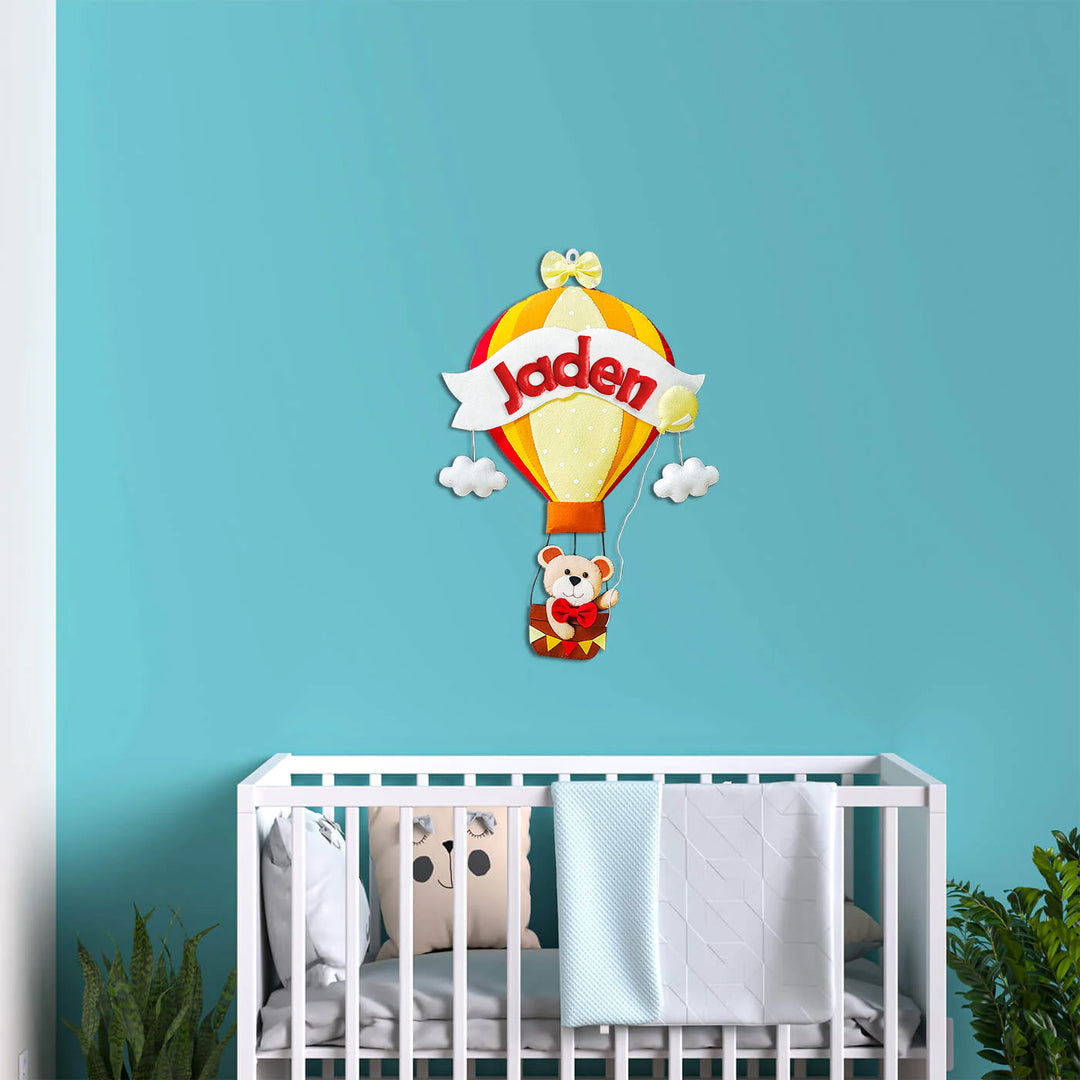 Hand Stitched Teddy Themed Felt Kids Name Hanging 11 - Mounted on Nursery Wall Above Crib