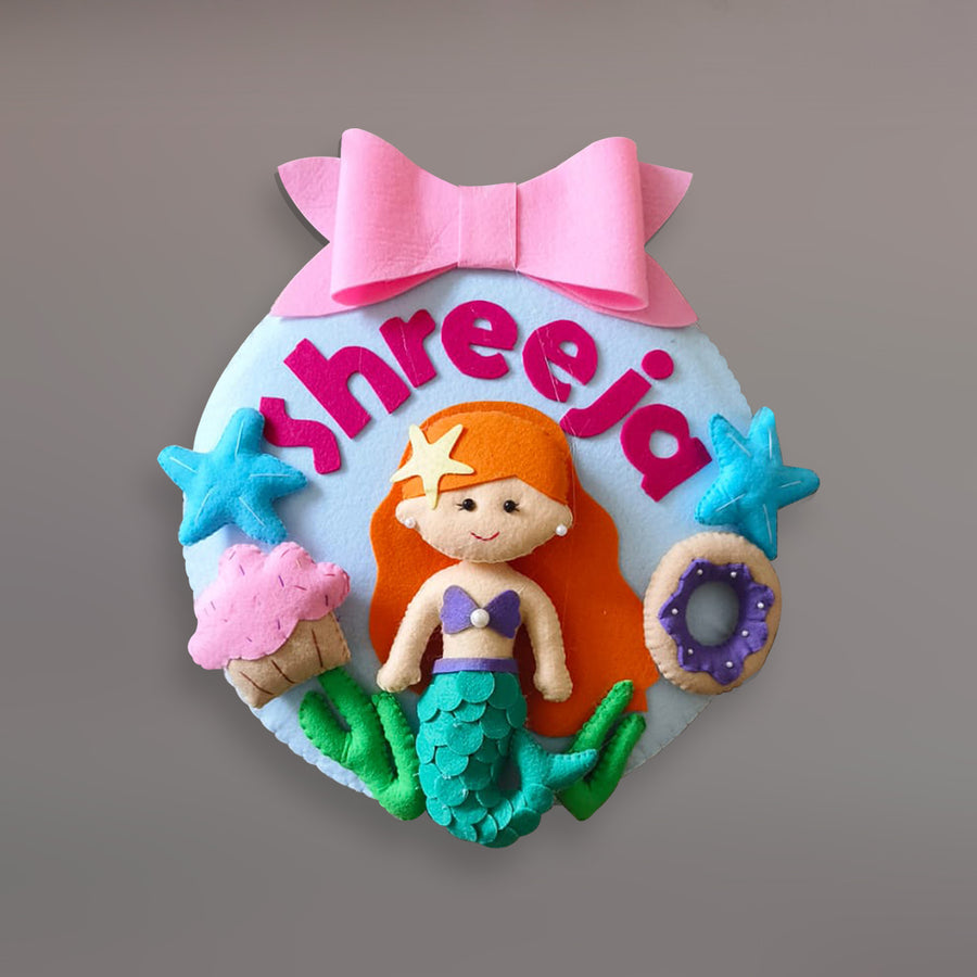 Hand Stitched Mermaid Themed Felt Kids Name Hanging - Front View with Name Personalization