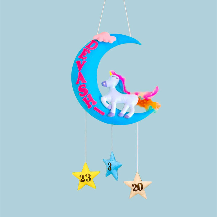 Handmade Unicorn On The Moon Kids Felt Name Hanging With Birthdate 1 - Hanging Front View with Personalization
