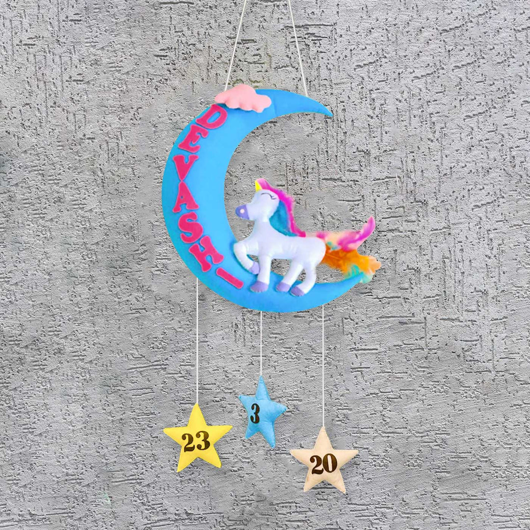 Handmade Unicorn On The Moon Kids Felt Name Hanging With Birthdate 1 - Hanging Front View with Name Personalization