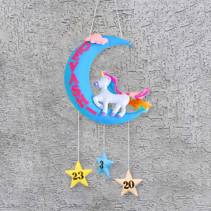 Handmade Unicorn On The Moon Kids Felt Name Hanging With Birthdate 1 - Hanging Front View with Name Personalization