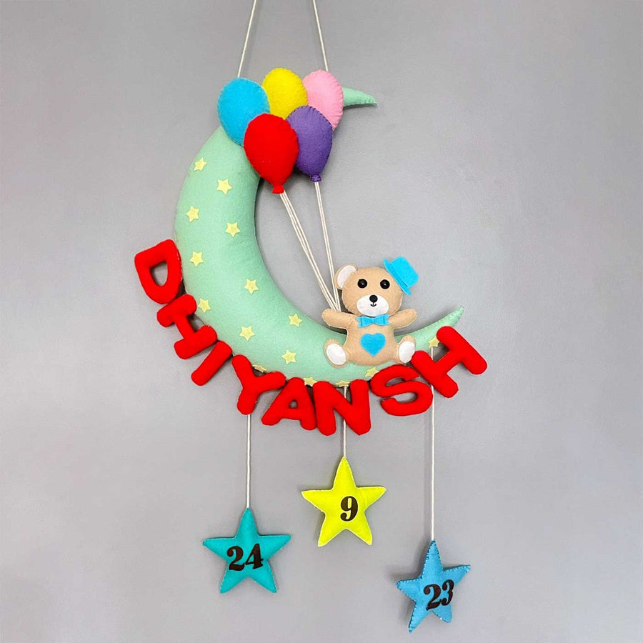 Handmade Teddy On A Star Pattern Moon Kids Felt Name Hanging With Birthdate 1 - Front View Hanging Wall Decoration