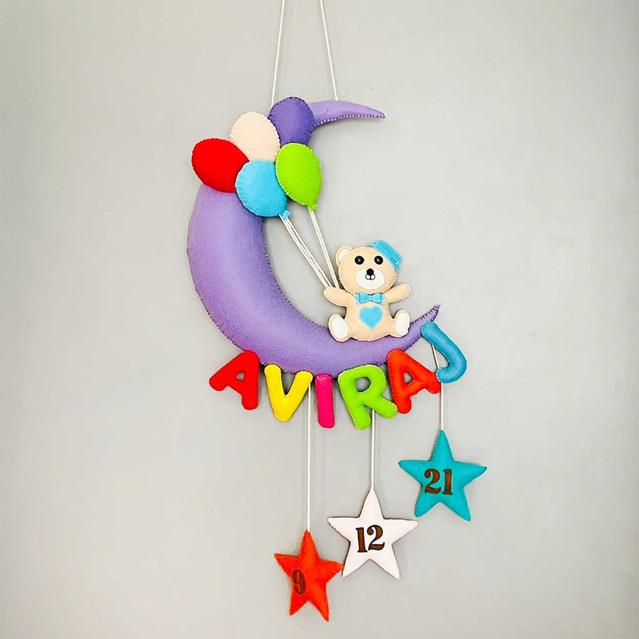 Handmade Teddy On A Moon Kids Felt Name Hanging With Birthdate 1 - Hanging Name and Date Display