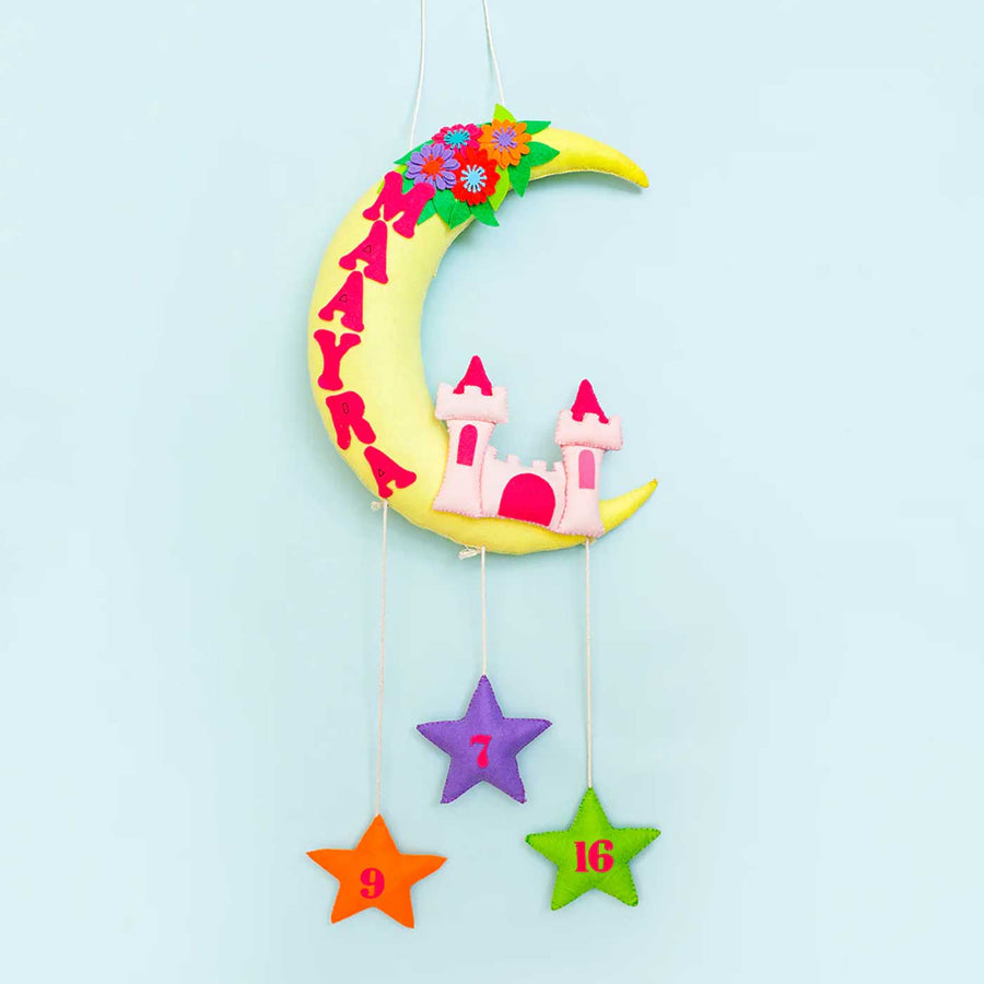 Handmade Castle On The Moon Kids Felt Name Hanging With Birthdate 1 - Hanging Front View with Name Personalization