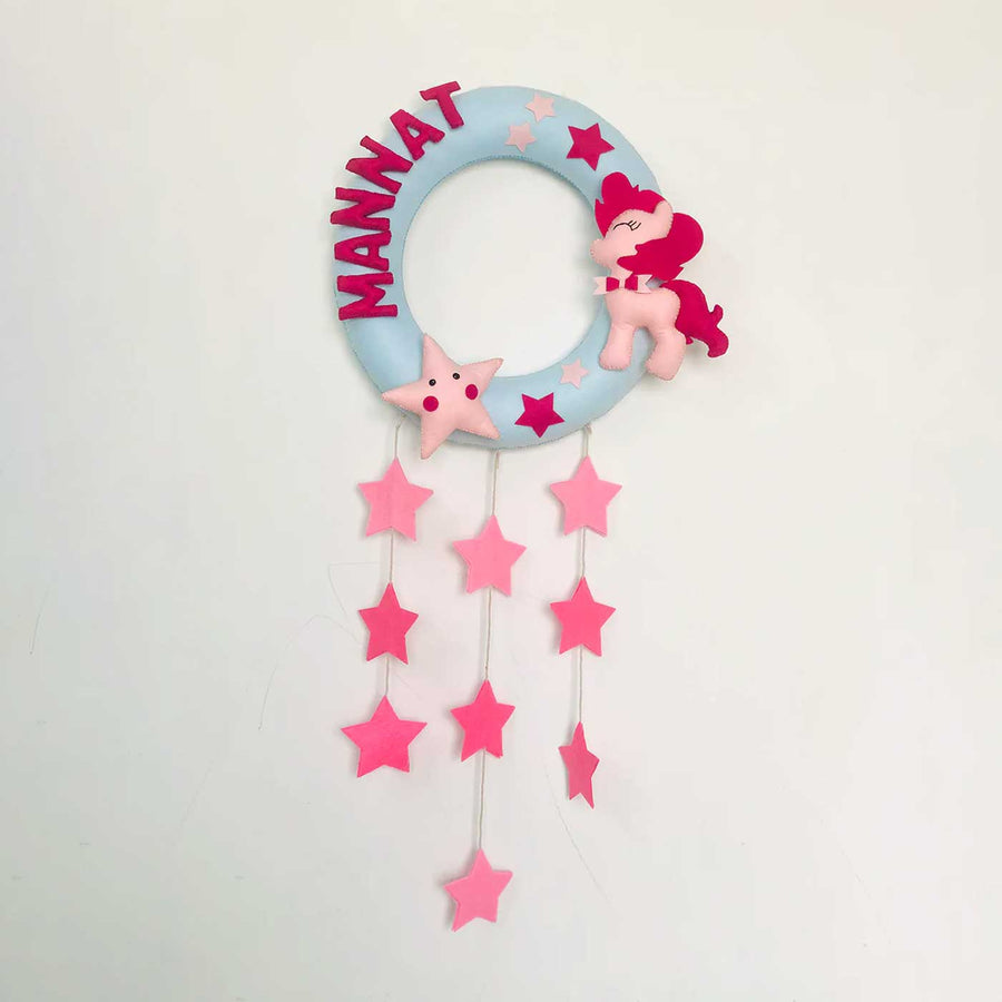 Handmade Personalized Pony Themed Felt Kids Name Hanging With Stars - Front View Hanging on Wall