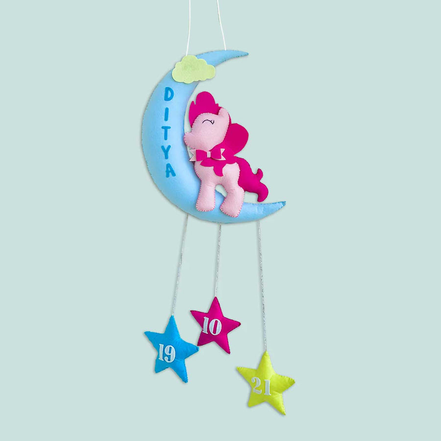 Handmade Pony On The Moon Kids Felt Name Hanging With Birthdate 1 - Hanging Front View with Personalization