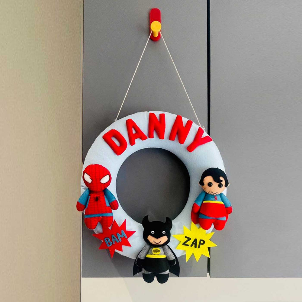 Handmade Personalized Mini Superhero Themed Felt Kids Name Hanging - Hanging on Door Handle Display