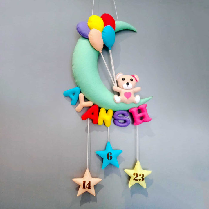 Handmade Teddy On A Moon Kids Felt Name Hanging With Birthdate 2 - Hanging Nursery Wall Decor View