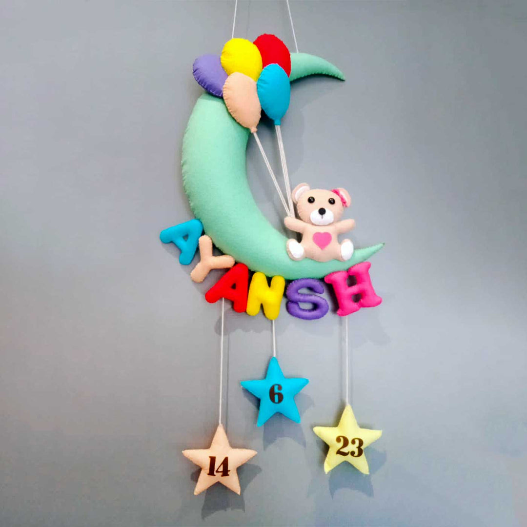 Handmade Teddy On A Moon Kids Felt Name Hanging With Birthdate 1 - Hanging Wall Decoration Close-up