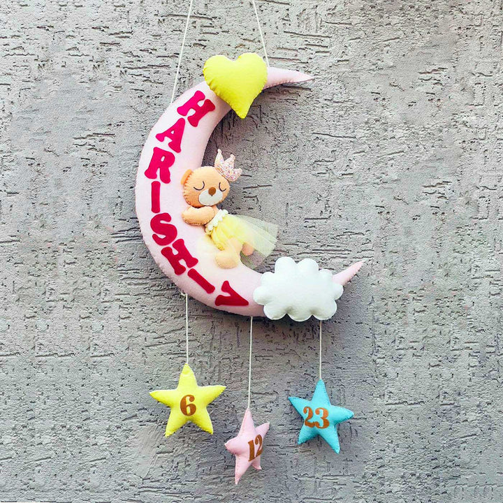 Handmade Sleeping Teddy On A Moon Kids Felt Name Hanging With Birthdate - Hanging on Wall Display View